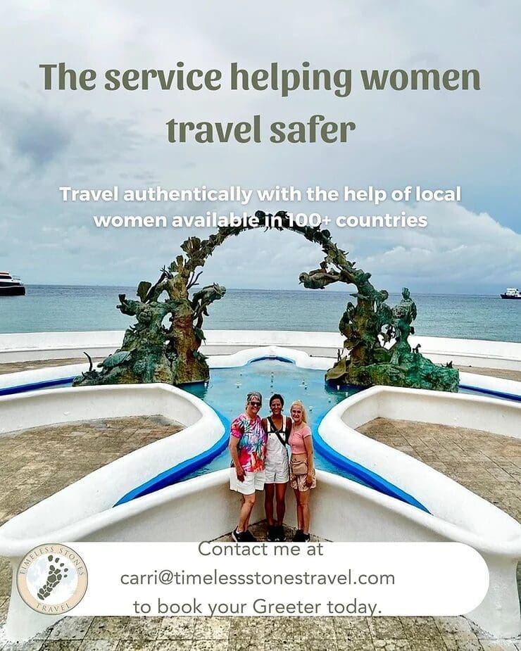 Enjoying a memorable day in Cozumel, Mexico, with my daughter and our friendly greeter in front of a stunning seaside sculpture.