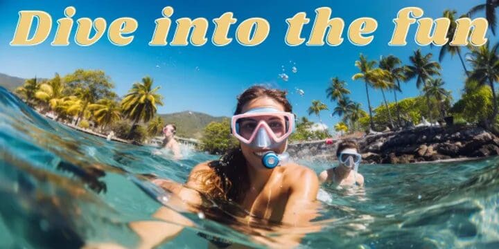 Snorkelers enjoying a sunny day in crystal-clear tropical waters, surrounded by lush palm trees, with a playful "Dive into the fun" message capturing the spirit of adventure.