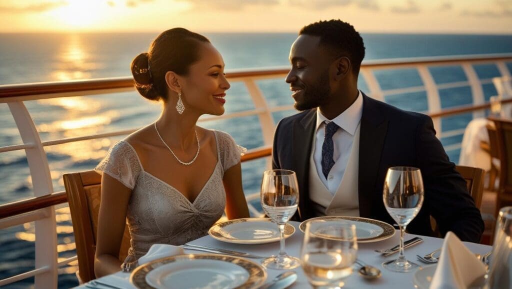 A Caucasian woman, a teacher, elegantly dressed, and her African American husband, also in formal attire, enjoy a romantic dinner on the deck of a cruise ship at sunset.  The scene is softly lit, with warm golden hues reflecting on the ocean.  Fine china, silverware, and crystal glassware are visible on their table, suggesting a luxurious meal. The ship's railing and the expansive ocean are subtly visible in the background, adding to the romantic ambiance.