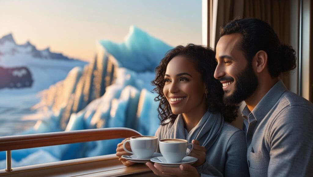 A portrait of an African American woman and her Arabic husband, smiling contentedly while enjoying coffee on their balcony stateroom.  They are admiring a breathtaking view of a glacier, bathed in the soft light of dawn. The scene is rendered in a photorealistic style with a warm color palette emphasizing the serenity of the moment.