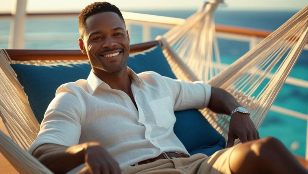 A smiling African American male teacher, around 40 years old with short, neatly trimmed hair and a relaxed expression, lounging in a comfortable hammock on the deck of a luxury cruise ship. The hammock is gently swaying, and he is wearing a crisp white linen shirt and khaki shorts.  The scene is bathed in warm, golden sunlight, with the turquoise ocean visible in the background.  The overall style is photorealistic, with a focus on capturing a serene and peaceful atmosphere.