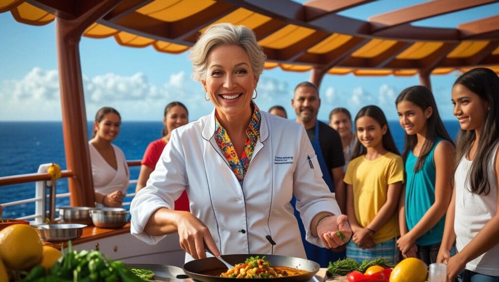 A smiling, middle-aged teacher with warm eyes, wearing a crisp white chef's jacket over a colorful patterned shirt, enthusiastically demonstrates a traditional dish during a cooking demonstration on the sunny deck of a cruise ship.  The vibrant ocean backdrop is visible, and the scene is filled with the warm colors of fresh ingredients.  A small, attentive group of students and cruise passengers gather around, captivated by the demonstration.  The style should be photorealistic, with bright, natural lighting.
