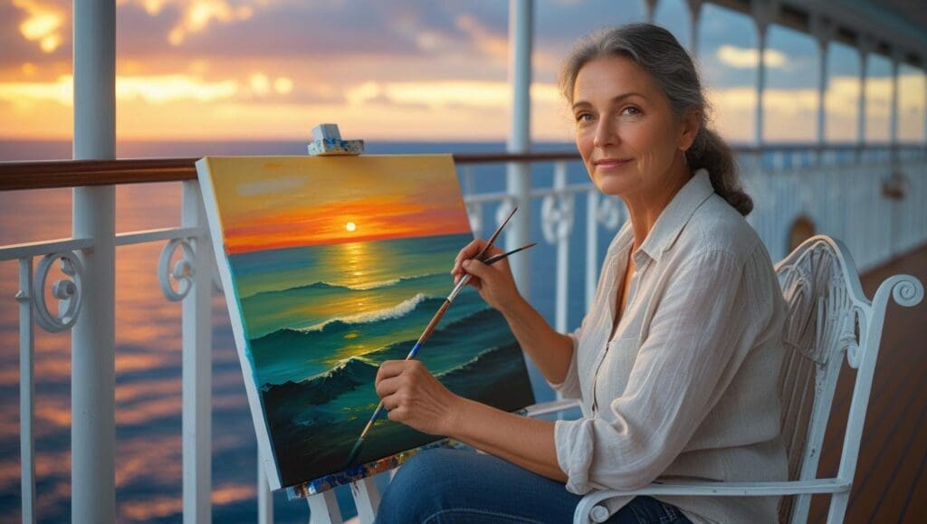 A middle-aged woman teacher with kind eyes, wearing a comfortable linen shirt and jeans, sits on a white wrought-iron balcony overlooking a vibrant sunset over the ocean.  She paints the horizon with oils on a large canvas, her expression serene and focused. The cruise ship's deck is visible behind her, subtly blurred to emphasize the figure and the scene. The style is photorealistic, with warm, golden hues dominating the sunset and cooler blues and greens in the ocean. The overall mood is peaceful and contemplative.