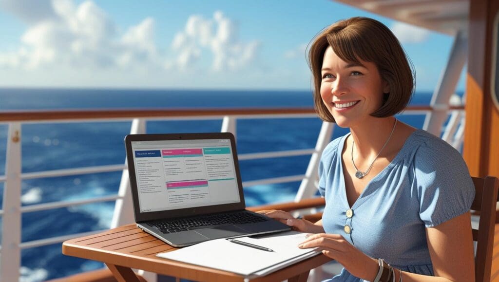A smiling middle-aged teacher with short brown hair, wearing a casual summer dress, sits at a small wooden table on the sunny deck of a cruise ship.  A laptop computer rests open before them, displaying lesson plan documents.  The ocean stretches out behind them, a gentle breeze rustling their hair. The scene is rendered in a bright, photorealistic style, with warm, inviting colors and a focus on the teacher's peaceful concentration.