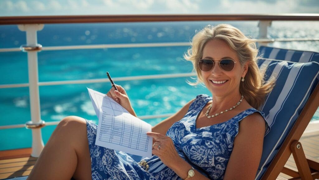 A middle-aged teacher with a warm smile, wearing a stylish sundress and sunglasses, lounges comfortably on a sun-drenched deck chair aboard a luxury cruise ship.  The turquoise ocean stretches to the horizon behind them.  They are carefully reviewing a checklist, a gentle sea breeze ruffling their hair. The scene is captured in a bright, vibrant, photorealistic style, with a focus on the feeling of relaxation and vacation.