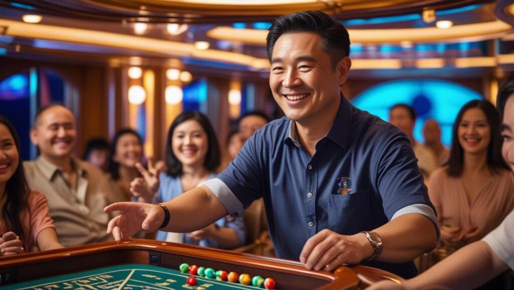 A middle-aged Chinese male teacher, dressed in a smart casual outfit, smiles warmly while enjoying a lively game of trivia with other passengers during an evening show on a luxury cruise ship. The scene is brightly lit, featuring a festive atmosphere with elegant decorations.  The ship's interior is visible in the background, suggesting a spacious and opulent setting.  The overall style is photorealistic with warm, inviting lighting.